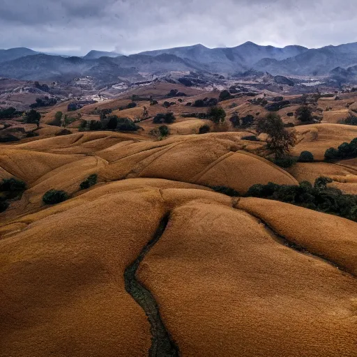 Image similar to a dreamlike landscape where all the hills are made of chicken skin and they have those little bumps and look kind of damp. Above the landscape flies SOMETHING.