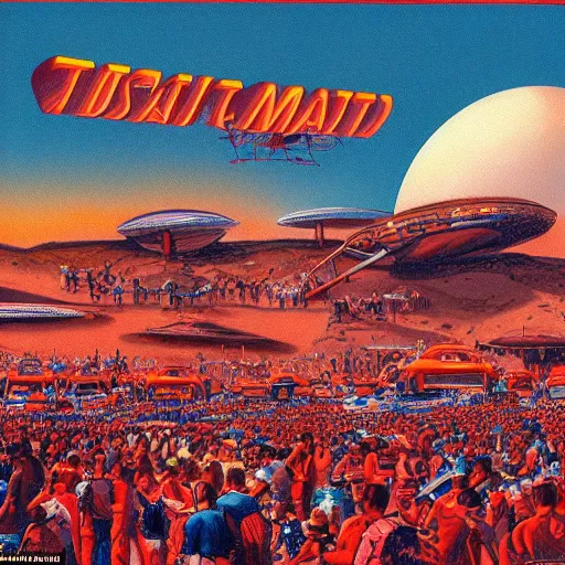 Image similar to A busy, crowded festival on Mars with 2 million people, 80's style retro futuristic art