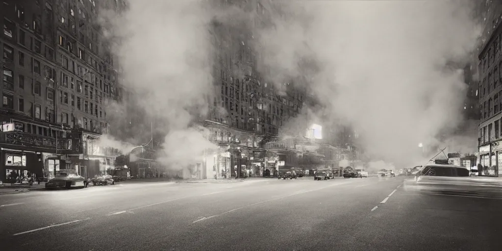 Image similar to a high resolution photo of a new york street at night surrounded with smoke and cars with bright headlights by joel meyerowitz, realistic photo,