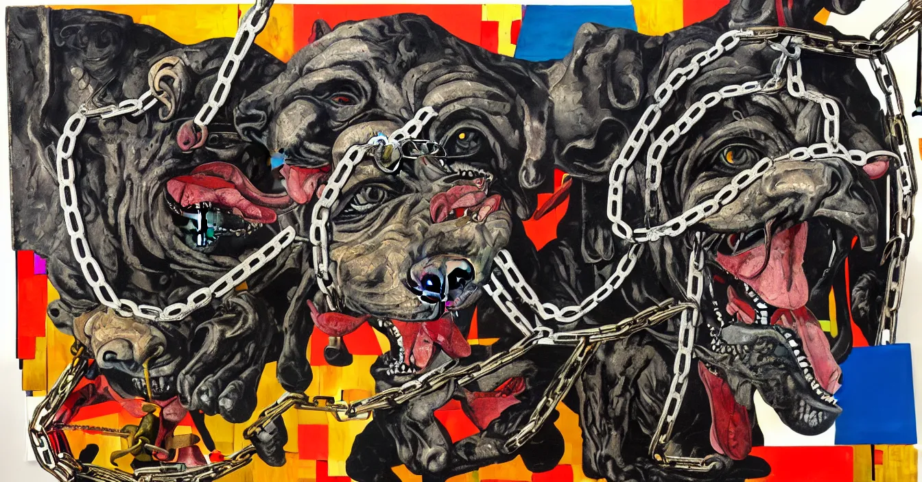 Image similar to mad dog on a chain, collage, acrylic on canvas, expressionism movement, breathtaking detailed, by blake neubert