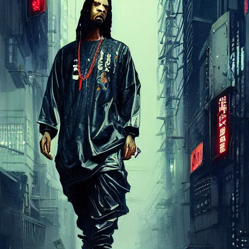 Image similar to a beautiful ukiyo painting of snoop dog cyberpunk blade runner, dramatic pose, wearing japanese techwear, detailed symmetrical, intricate complexity, concept art, by ismail inceoglu dragan bibin hans thoma greg rutkowski alexandros pyromallis nekro rene maritte illustrated, perfect face, fine details, realistic shaded, fine - face, pretty face