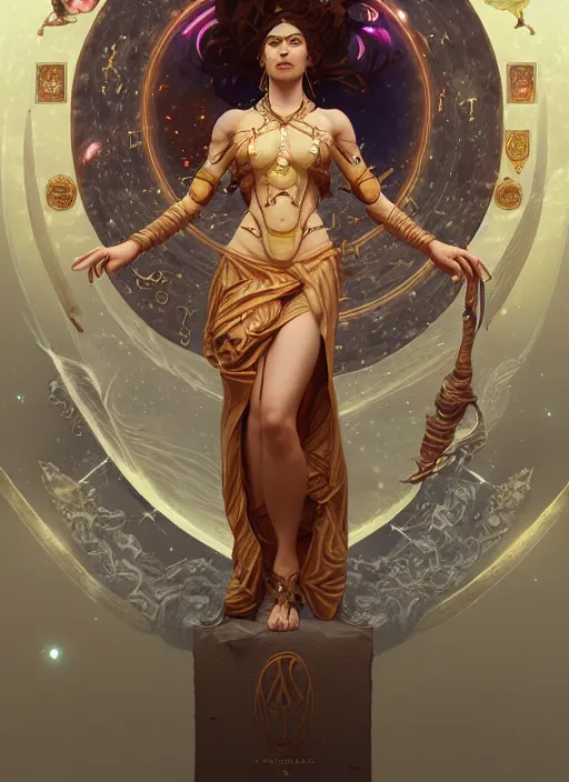 Image similar to Divine cosmic female power, glyphs, magic, artstation, cgsociety, very detailed, intricate, detailed illustration, by artgerm and greg rutkowski and alphonse mucha, octane render, unreal engine, hyperrealism