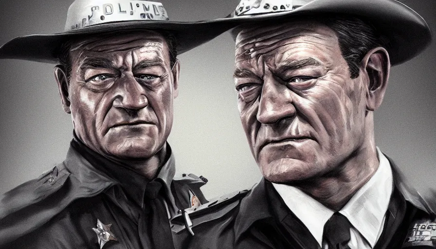 Prompt: John Wayne as a cop, hyperdetailed, artstation, cgsociety, 8k