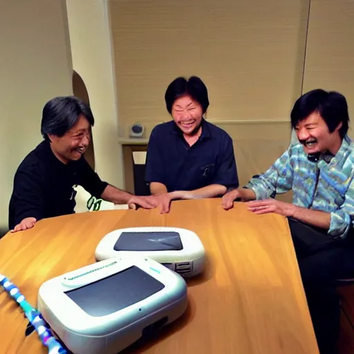 Prompt: detailed photo of Shigeru Miyamoto showing two happy bears how to play Wii