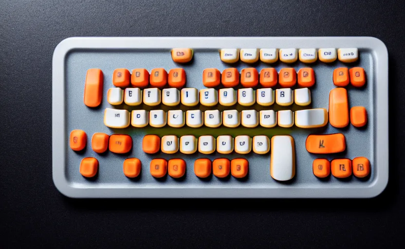 Prompt: product photography of a computer keyboard with keys made out of sushi, on a platter, studio lighting, detailed