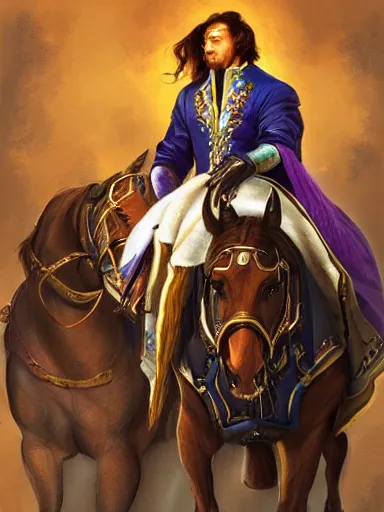 Prompt: a handsome man weaing a purple silk robe, happy and disarmed, laurels of glory, returns to home triunphantly mounted in a horse. full of pride. victorirous. prideful.. intricate, elegant, highly detailed, digital painting, artstation, concept art, sharp focus, illustration, by justin gerard and artgerm, 8 k