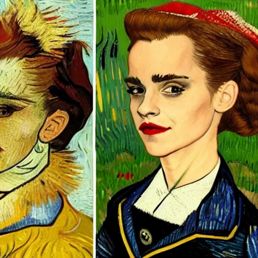 Image similar to emma watson with a dog on her head in the style of vincent van gogh