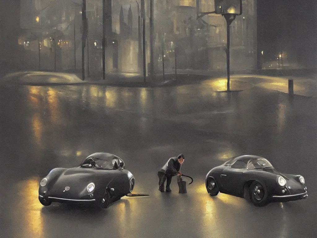 Image similar to Mysterious figure swings a heavy sledgehammer at a silver Porsche 550 with its headlights on, parked on the side of the road in the city of Cologne in the rain, by George Tooker, moody, ominous, lighting, hyper-realistic.