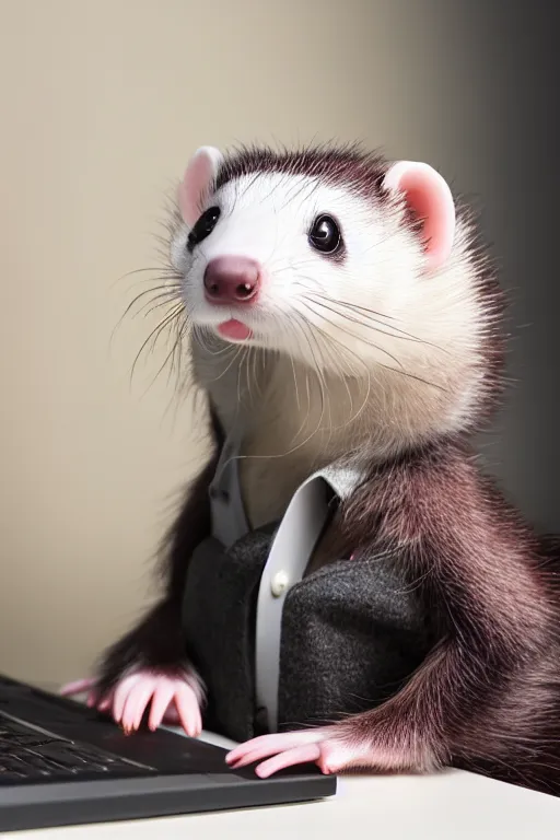 Prompt: anthropomorphic ferret that looks like a human, wearing a shirt, business attire, sitting at a desk with a laptop, realistic, colored studio lighting, professional photography, nikon 5 0 mm f / 1. 8 g, canon