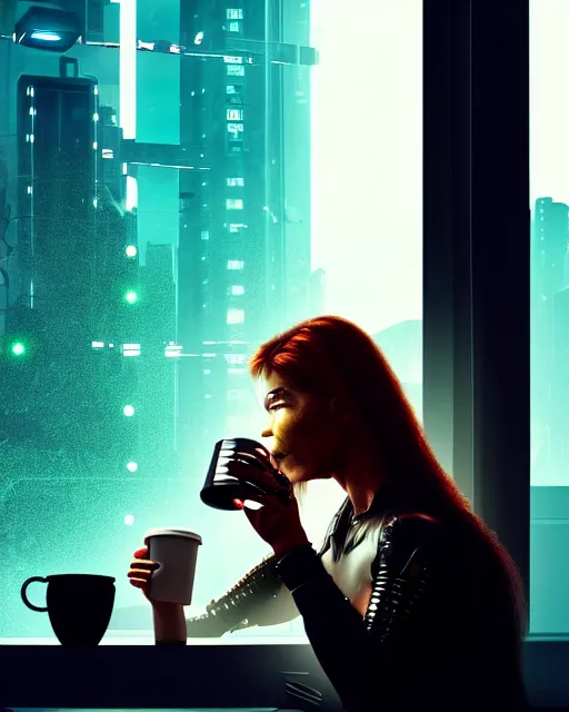 Prompt: a terminator cyborg lady with borg implants and a young human face is drinking coffee near a window with dystopian city visible outside. tiny green led lights in her cybernetics. very detailed 8 k. horror cyberpunk style.