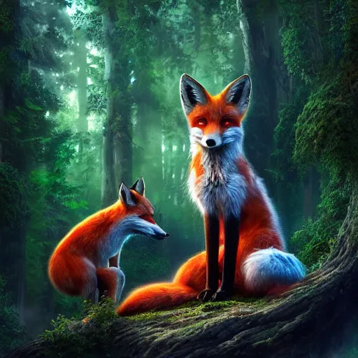 Image similar to Photorealistic fox queen of the enchanted forest. Hyperdetailed photorealism, 108 megapixels, amazing depth, glowing rich colors, powerful imagery, psychedelic Overtones, 3D finalrender, 3d shading, cinematic lighting, artstation concept art