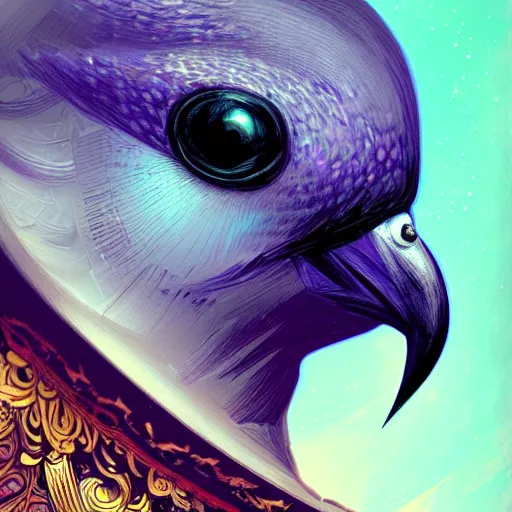 Image similar to close up Portrait of a Pigeon in space, dark fantasy, intricate pigeon, elegant pigeon, highly detailed, digital painting, artstation, concept art, smooth, sharp focus, illustration, art by Sam Youn and Fernanda Suarez and Artem Demura and Alphonse Mucha