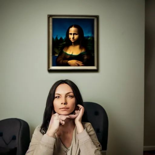 Prompt: casual photograph of a woman sitting in a studio room pensively, with the poise and appearance of the ( ( ( ( ( ( ( ( mona lisa ) ) ) ) ) ) ) ), taken in 2 0 1 9 with a digital camera, full color, head shot