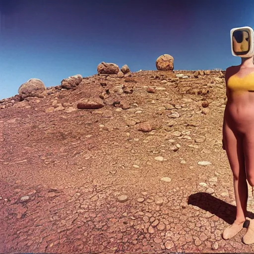Prompt: levitating woman with full - face golden mask in a dry rocky desert landscape, visible sky and sunny atmosphere, fata morgana giant mirrors by alejandro jodorowsky, anamorphic lens, kodakchrome, practical effects, 8 k