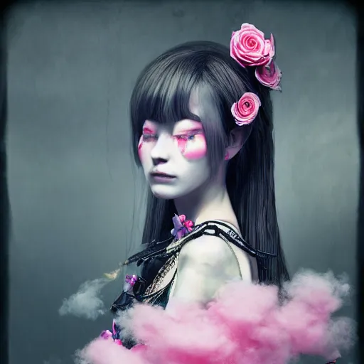 Image similar to 8 k, octane render, realism, tonalism, renaissance, rococo, baroque, cotton candy, portrait of a creepy young lady wearing long - harajuku manga - dress with flowers and skulls