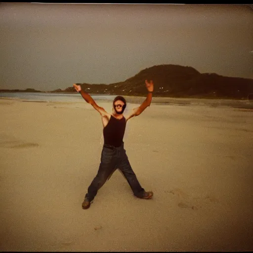 Image similar to 9 0 s polaroid photograph of norman reedus wearing a trenchcoat at night, dancing on a beach during cloudy weather, vignette