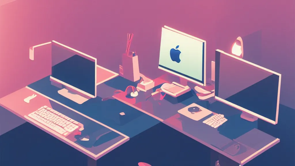 Image similar to stylized retro minimalist design of the desk of a famous web designer working with apple computer, loftis, cory behance hd, by moebius, makoto shinkai and lois van baarle, ilya kuvshinov, rossdraws global illumination