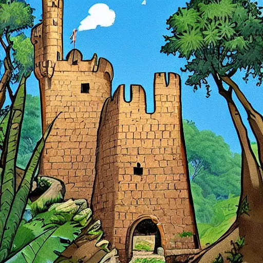 Image similar to a medieval fortress hidden in the jungle, in the style of bob clampett,