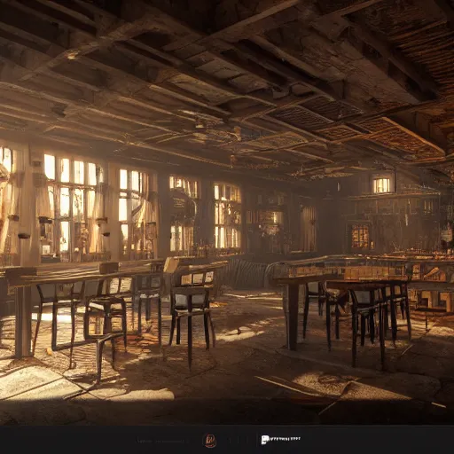 Image similar to ultra mega super hyper realistic Digital concept interior design of tavern in Cyberpunk style mixed with medieval style. More cyberpunk less medieval. Natural white sunlight from the transperient roof. Rendered in VRAY and DaVinci Resolve and MAXWELL and LUMION 3D, Volumetric natural light