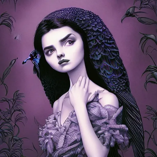 Image similar to Lofi portrait with bird, Pixar style by Joe Fenton and Stanley Artgerm and Tom Bagshaw and Tim Burton