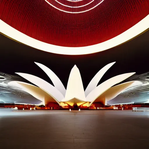 Image similar to futuristic lotus temple space station with gold, red and white marble panels, by santiago calatrava, intricate contemporary architecture, photo journalism, photography, cinematic, national geographic photoshoot