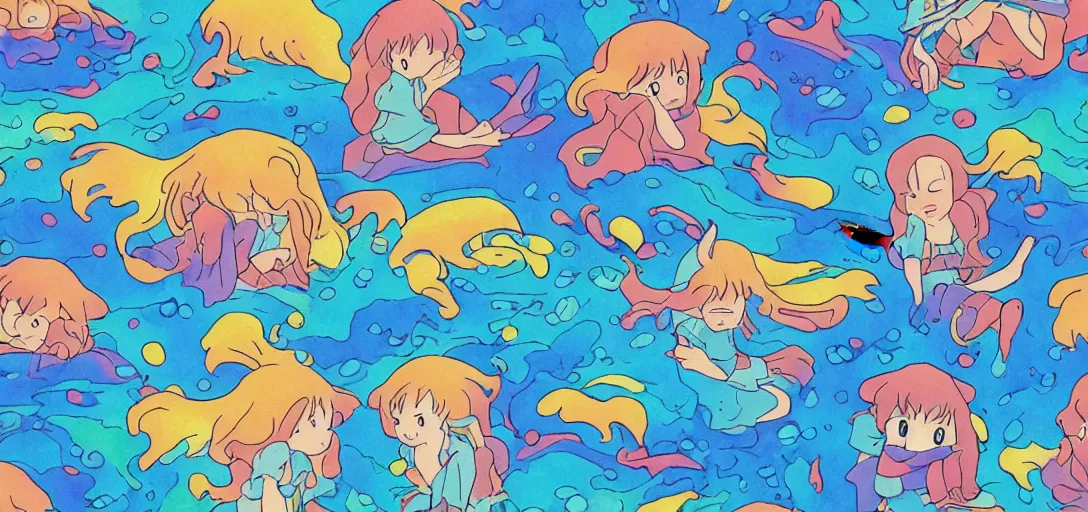 Image similar to colorful pattern of water in the style of ghibli, zelda, ponyo