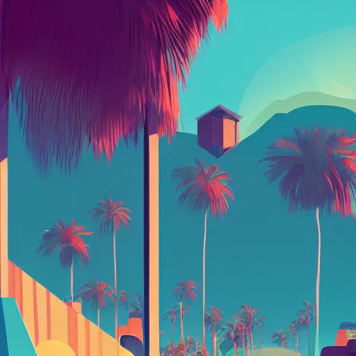 Image similar to a beautiful illustration of palm springs by James gilleard, artstation HD, geometric lines, HD, 4k, 8k