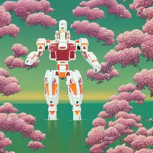 Prompt: a beautiful painting of a large humanoid mecha shrouded by mystic nebula magic in a field of flowers by hiroshi nagai and hirohiko araki, detailed line art