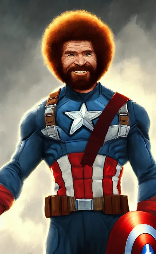 Image similar to bob ross as captain america, dynamic lighting, cinematic, ultra detailed, trending on art station, stunning visuals, creative, fantasy concept art