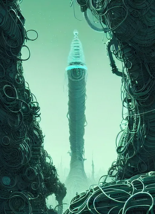 Image similar to highly detailed portrait of a biopunk long curly white hair tribal lady, stray wiring by atey ghailan, james gilleard, by joe fenton, by greg rutkowski, by greg tocchini, by kaethe butcher, 4 k resolution, gradient green, black and white color scheme!!! ( ( irradiated robotic spire landscape background ) )