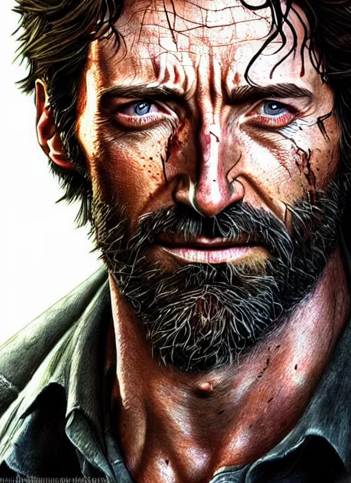 Prompt: portrait of hugh jackman as joel from the last of us, character concept art, hyperrealistic, detailed, accurate illustration, dramatic lighting