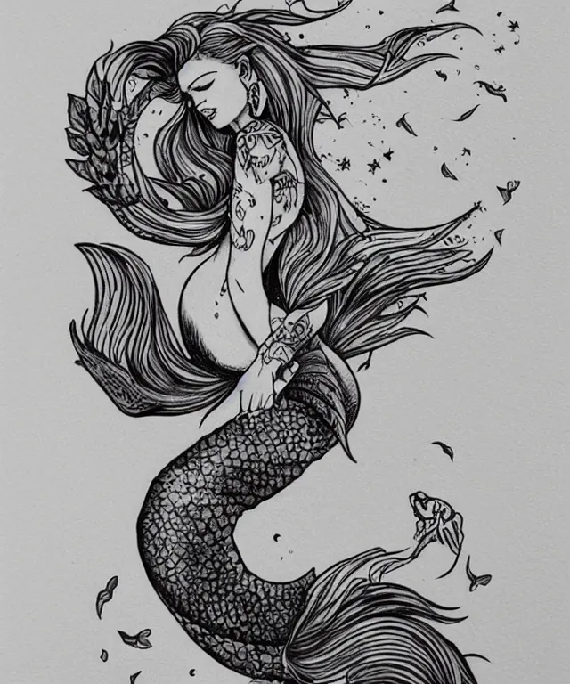 Image similar to tattoo design illustration, black ink on white paper, beautiful mermaid, full body