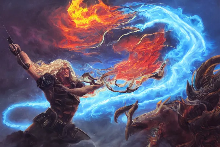 Image similar to a beautiful alex trebek with long curly blond hair brutally destroys his enemies on the battlefield, wrath flame and ruin, oil painting, trending on artstation