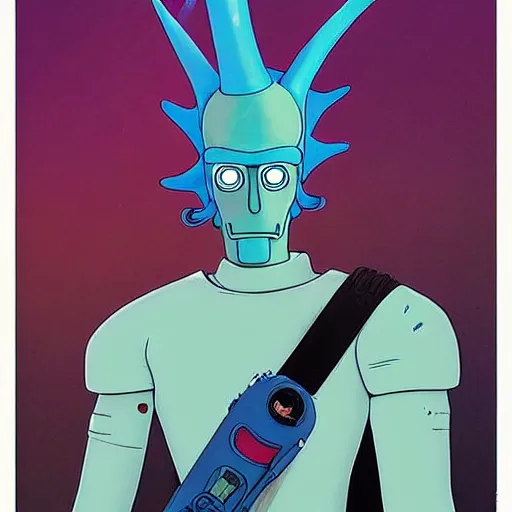 Prompt: bender futuristic rick sanchez futurama portrait by charles vess and james jean and erik jones and rhads, inspired by ghost in the shell, beautiful fine face features, intricate high details, sharp, ultradetailed