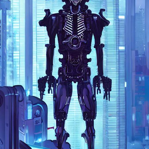 Prompt: cyberpunk skeleton as the leader of a futuristic communist nation, cybernetics, sharp lines, digital, artstation, colored in