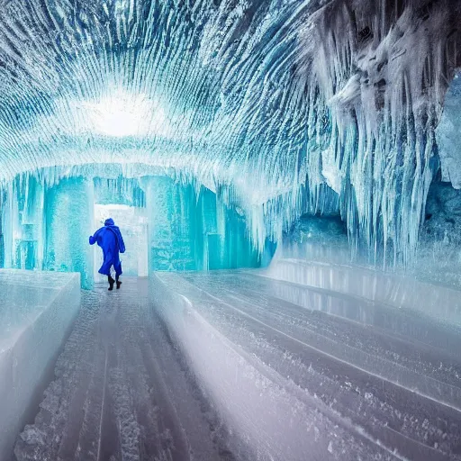 Prompt: a beautiful wide angle photograph of a huge room in an underground cave, magnificent ice formations, colourfully illuminated, incredibly detailed and sharp, award-winning photograph from national geographic image collection