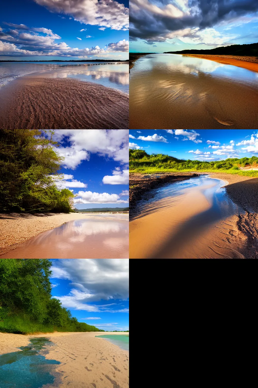 Prompt: photo of a sandy beach along a small river, blue sky with some clouds, beautiful lighting, wide lens shot, 30mm, bright colors, award winning photography, national geographic