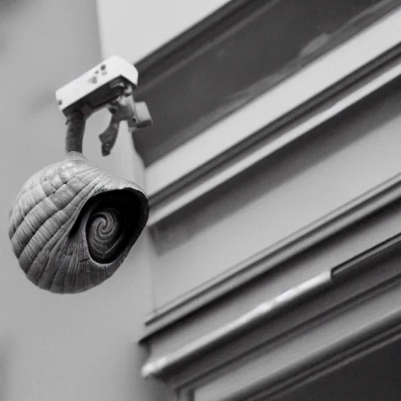 Prompt: giant snail caught sneaking around on cctv, surveillance footage, black and white, low quality