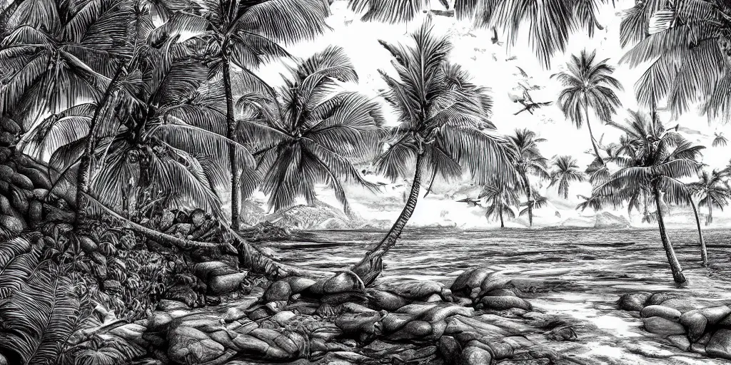 Prompt: tropical island, 8 k, high resolution, detailed charcoal drawing, beautiful hd, art nouveau, concept art, colourful artwork, in the style of axel aabrink