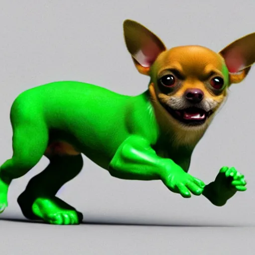 Prompt: the incredible hulk as a chihuahua in the style of a realistic 3D render, action shot