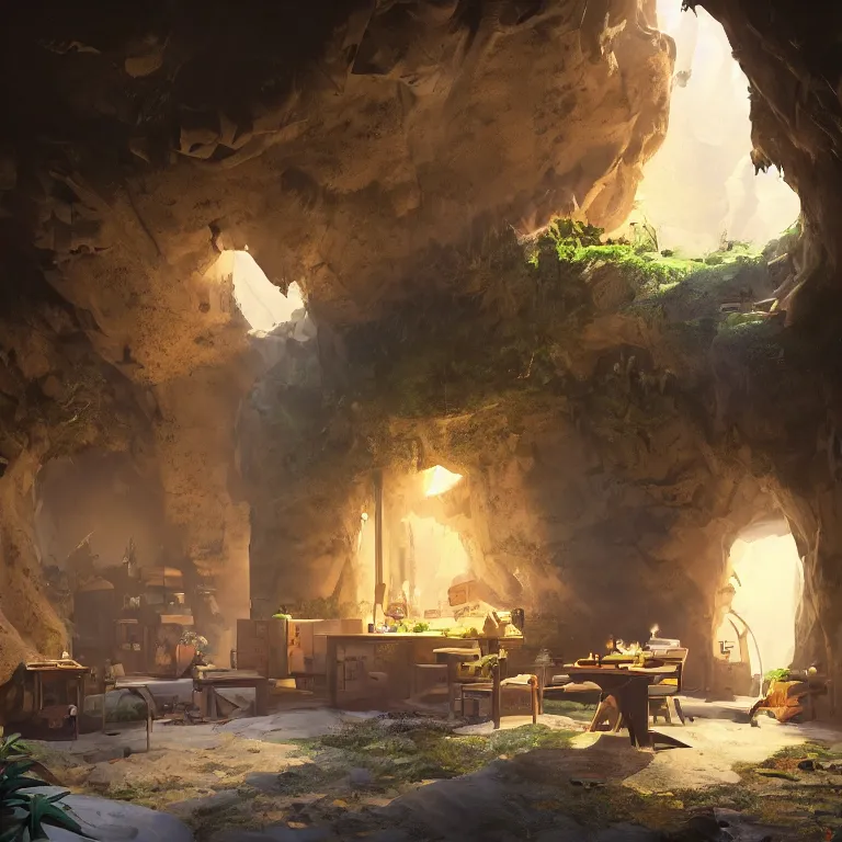 Prompt: secret overwatch habitation quarters carved inside a cave, sheltered, magical, natural light, planters, central tree, candle light, cinematic lighting, clean lines, cozy, fantasy, minimalist architecture, sharp focus, concept art, by greg rutkowski and craig mullins,, octane render 8 k