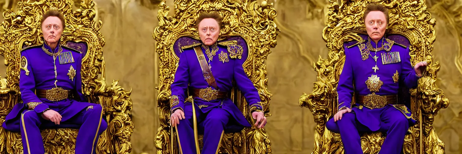 Prompt: Cinematic distant view of subject on a throne, Christopher Walken as Emperor Shaddam IV with blue-eyes-blue-sclera, in Dune, wearing ornate Tyrian-purple regal leather uniform, with two golden-lion-lapels on uniform, sitting on a golden throne with arm-rests shaped like lions in profile, inside a futuristic neo-Baroque hall, subdued colors, highly detailed, dark atmospheric lighting