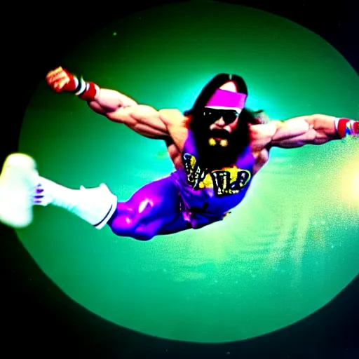 Prompt: Macho Man Randy Savage performing elbow drop from space. Wide angle. Low perspective. High Quality, Sports photography. NASA