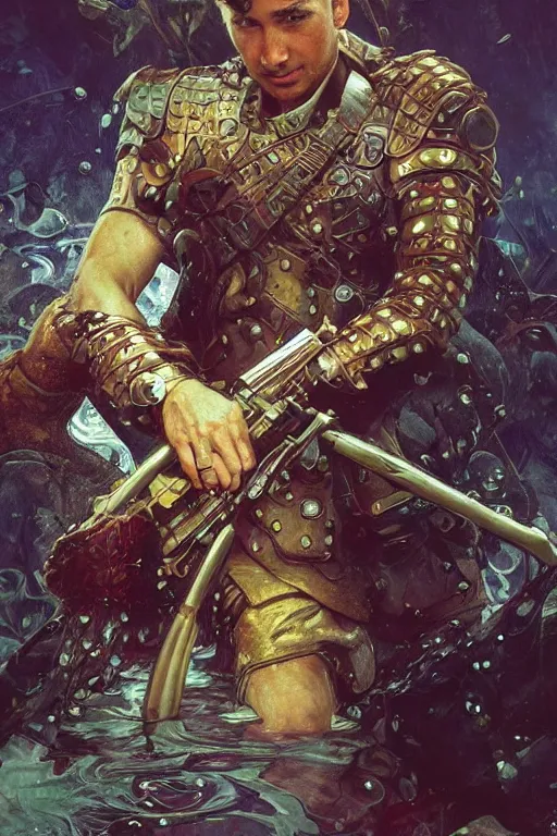 Prompt: portrait of a beautiful man wearing a warrior armor, holding a retro futuristic rifle, drenched body, wet dripping hair, emerging from the water, fantasy, regal, fractal crystal, fractal gems, by stanley artgerm lau, thomas kindkade, alphonse mucha, loish, norman rockwell