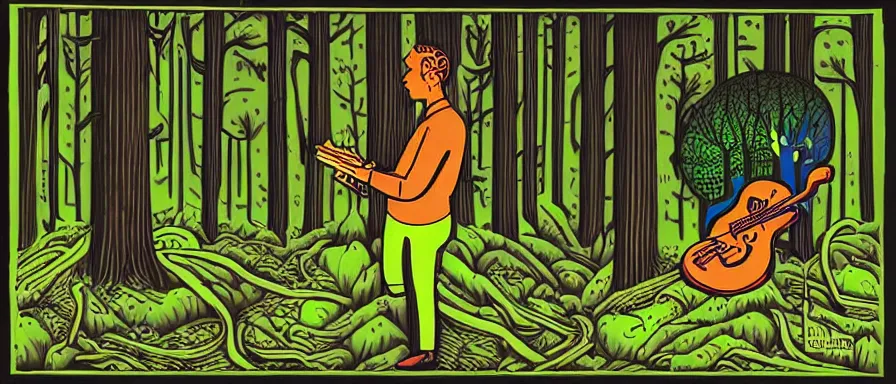 Prompt: a technogaianist digital musician playing modular synthesizer in the forest, technology and nature in harmony, postmodern surrealist concert poster, grainy, hand drawn matte painting by Tara McPherson and Frank Kozik, smooth, sharp focus, extremely detailed.