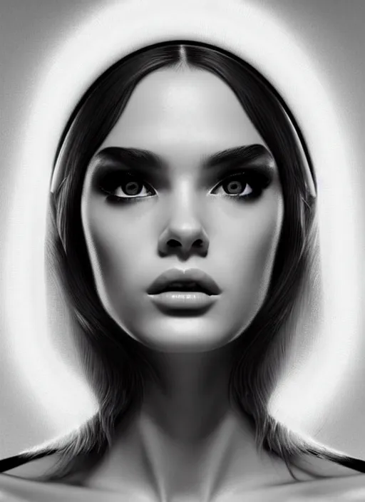 Image similar to photorealistic portrait of female humanoid, cyber neon lights, highly intricate, retro 6 0 s haute couture fashion, elegant, highly detailed, crispy quality, trending on artstation, trending on pinterest, glamor pose, no signature, no watermark, smooth, cinematic, art by artgerm and pascal blanche