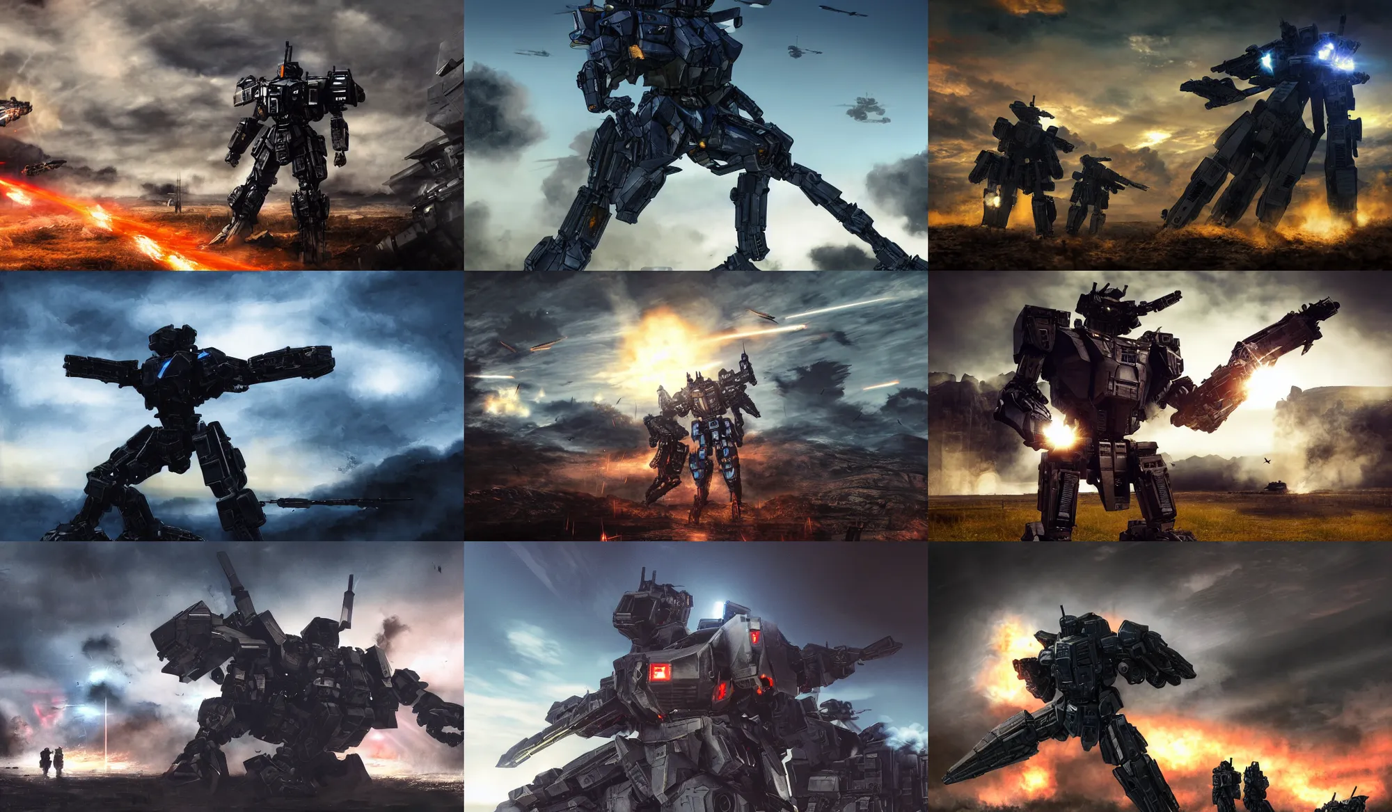 Prompt: armored core v by fromsoftware, booster flares, legs, laser rifles, smoke, karst landscape, ; wide shot, outdoor, dark blue sky, cloud, wilderness ground, golden time, twilight ; digital painting, high contrast, dynamic backlighting, sharp edge, motion blur, photoreal,