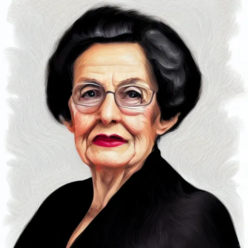 Prompt: a digital portrait of a 91 year old with black hair,hazel green eyes, drawn in the style of mark Arian