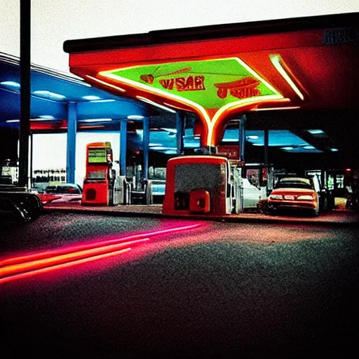 Image similar to “gas station photography, neon, heavy rain, cars, cyberpunk, various subjects, 8k, high detail, digital photography, in the style of William eggleston”