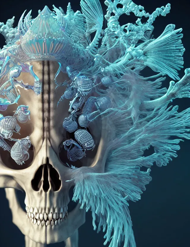 Image similar to 3 d goddess skeleton macro close - up portrait with crown made of ram skull. betta fish, jellyfish phoenix, bioluminiscent, plasma, ice, water, wind, creature, super intricate ornaments artwork by tooth wu and wlop and beeple and greg rutkowski